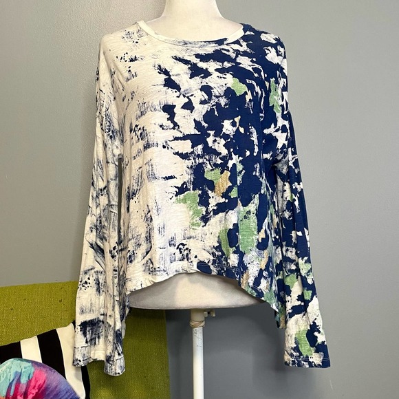 Akemi + Kin Anthropologie Blue Splatter Graffito Long Flared Sleeve Top - Picture 1 of 5